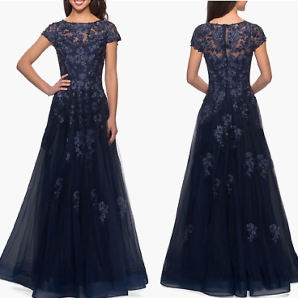 LA FEMME 26907 $619 tulle gown with fully lace bodice & cascading lace applique